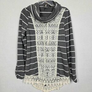 Vanity Gray Striped Lace Trim Hoodie Top Medium